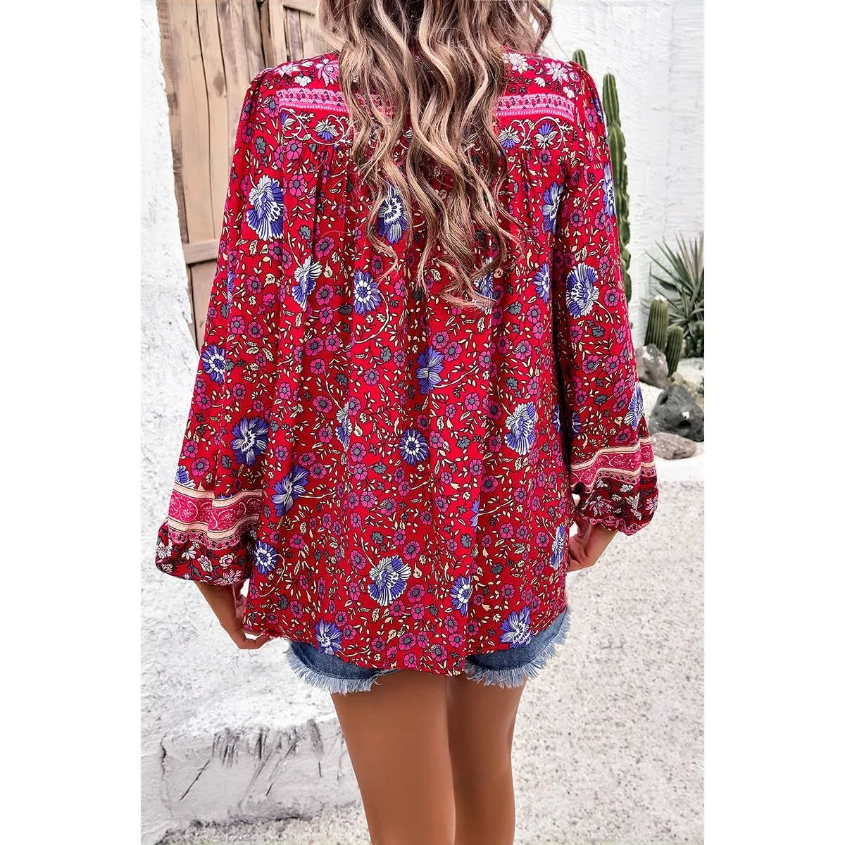 Red All Over Floral Print Cross Deep V Boho Top