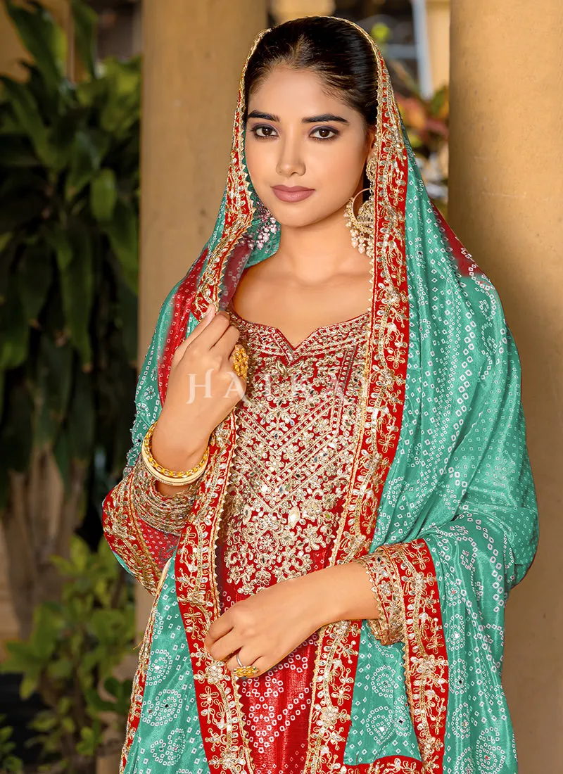 Red And Blue Mirror Work Printed Palazzo Suit