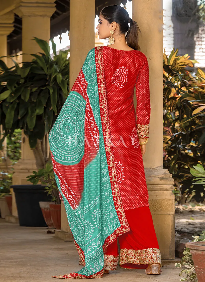 Red And Blue Mirror Work Printed Palazzo Suit