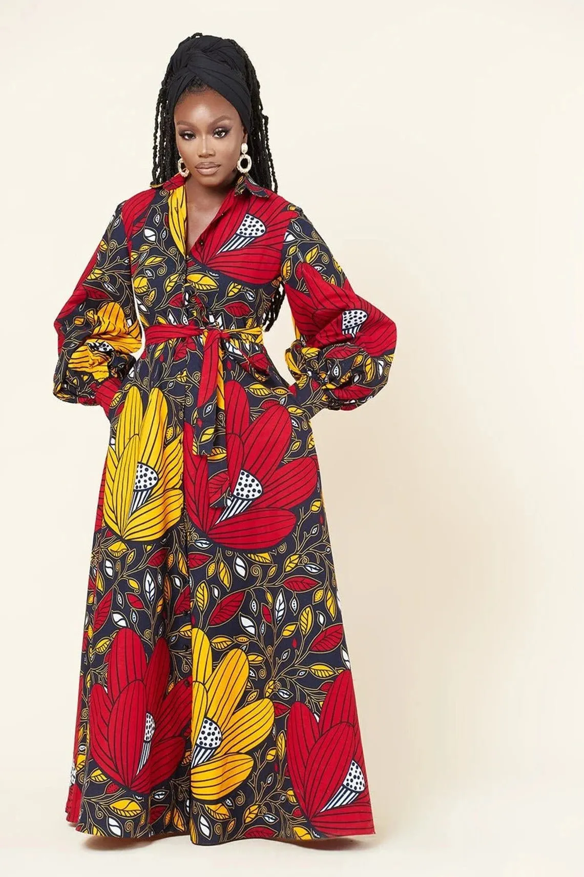Red Yellow Plus Size African Ankara Print Long Shirt Dress with Free Headwrap and Nose Mask