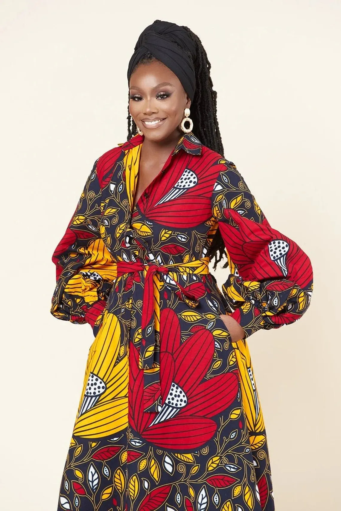 Red Yellow Plus Size African Ankara Print Long Shirt Dress with Free Headwrap and Nose Mask