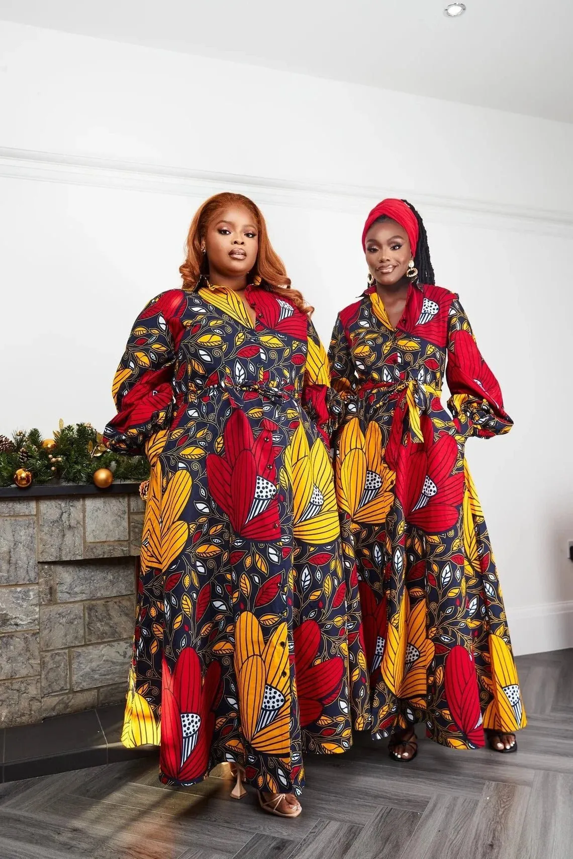 Red Yellow Plus Size African Ankara Print Long Shirt Dress with Free Headwrap and Nose Mask