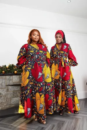 Red Yellow Plus Size African Ankara Print Long Shirt Dress with Free Headwrap and Nose Mask