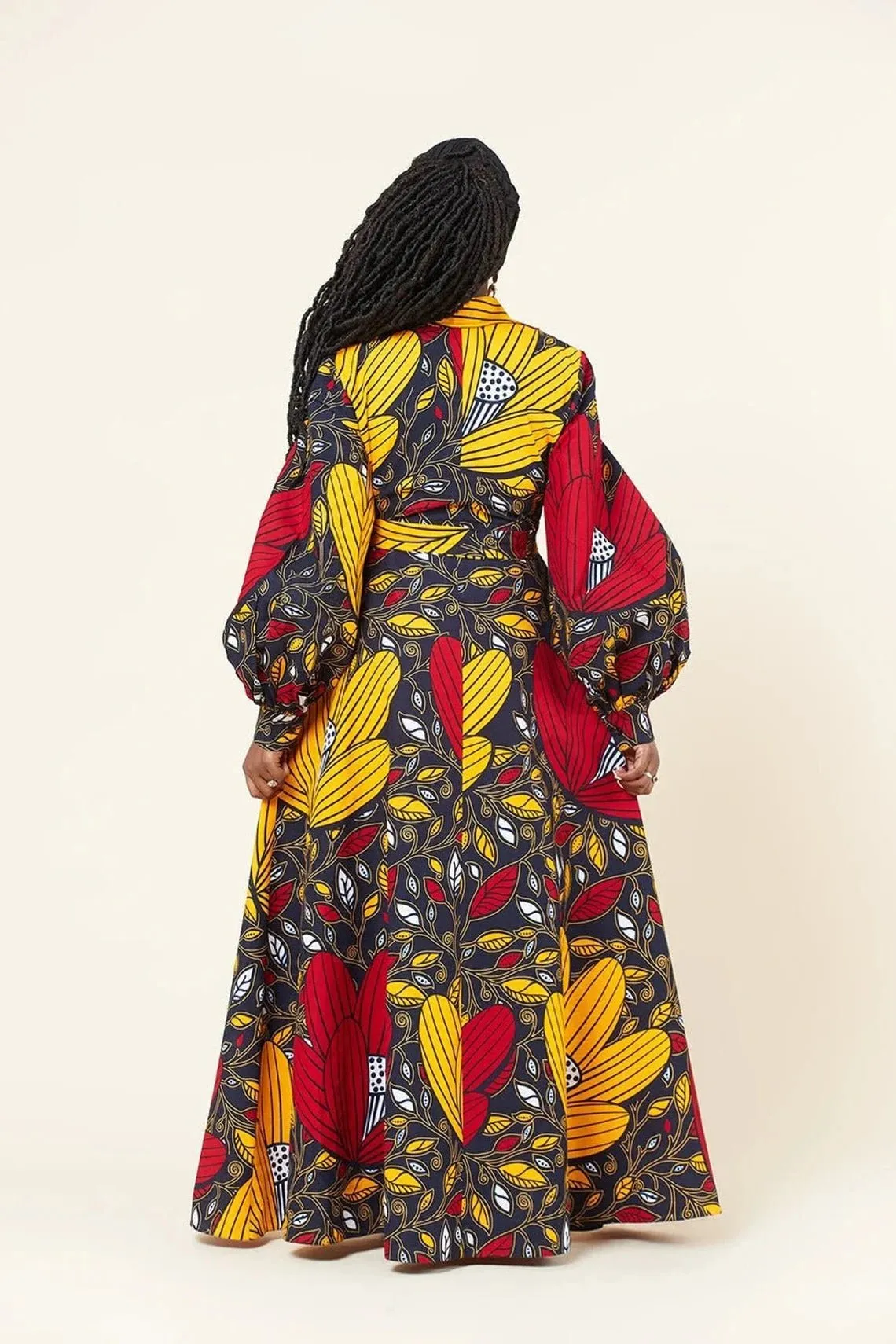 Red Yellow Plus Size African Ankara Print Long Shirt Dress with Free Headwrap and Nose Mask