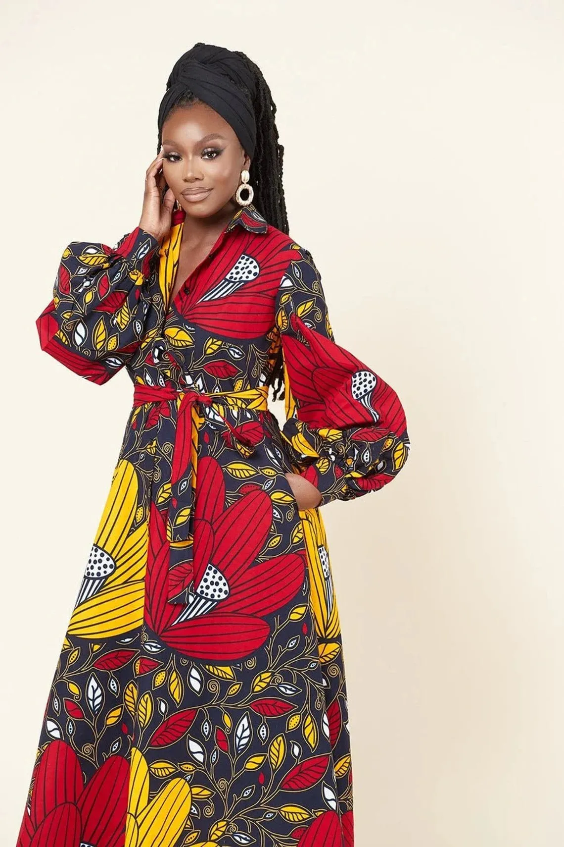 Red Yellow Plus Size African Ankara Print Long Shirt Dress with Free Headwrap and Nose Mask