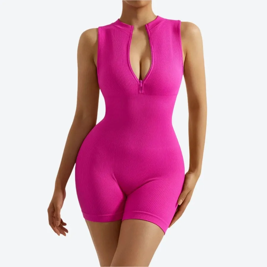 Ribbed Sleeveless Zip Front Bodysuits