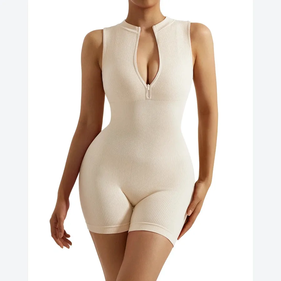 Ribbed Sleeveless Zip Front Bodysuits