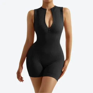 Ribbed Sleeveless Zip Front Bodysuits
