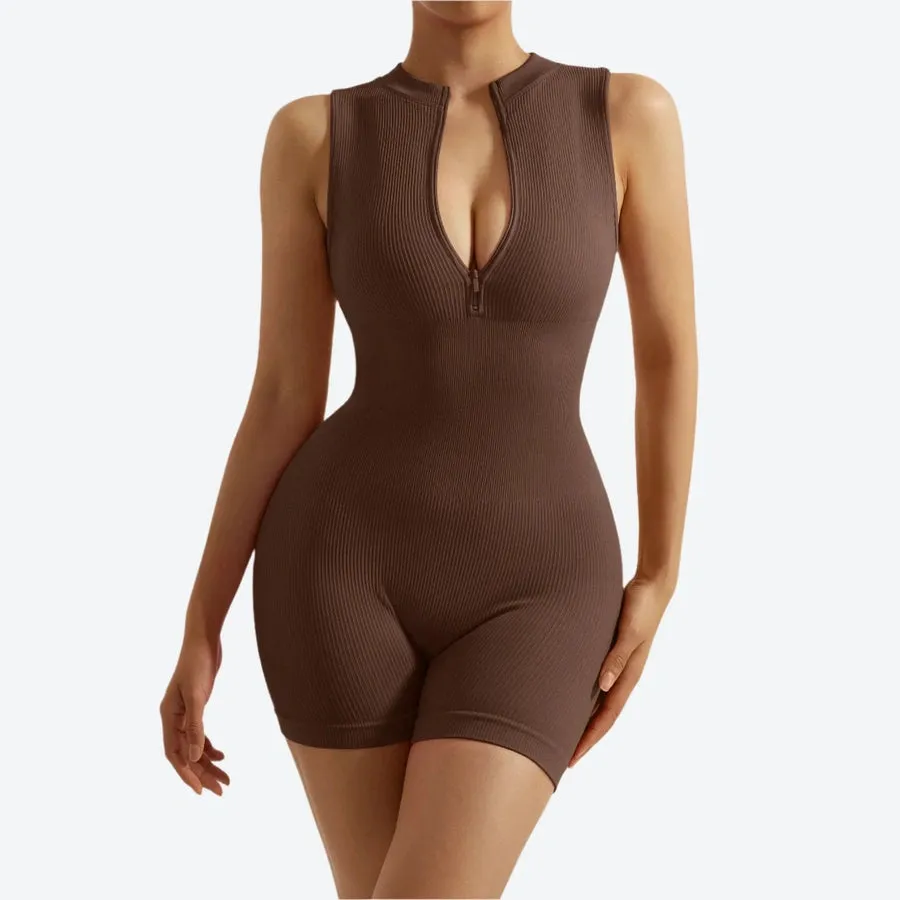 Ribbed Sleeveless Zip Front Bodysuits