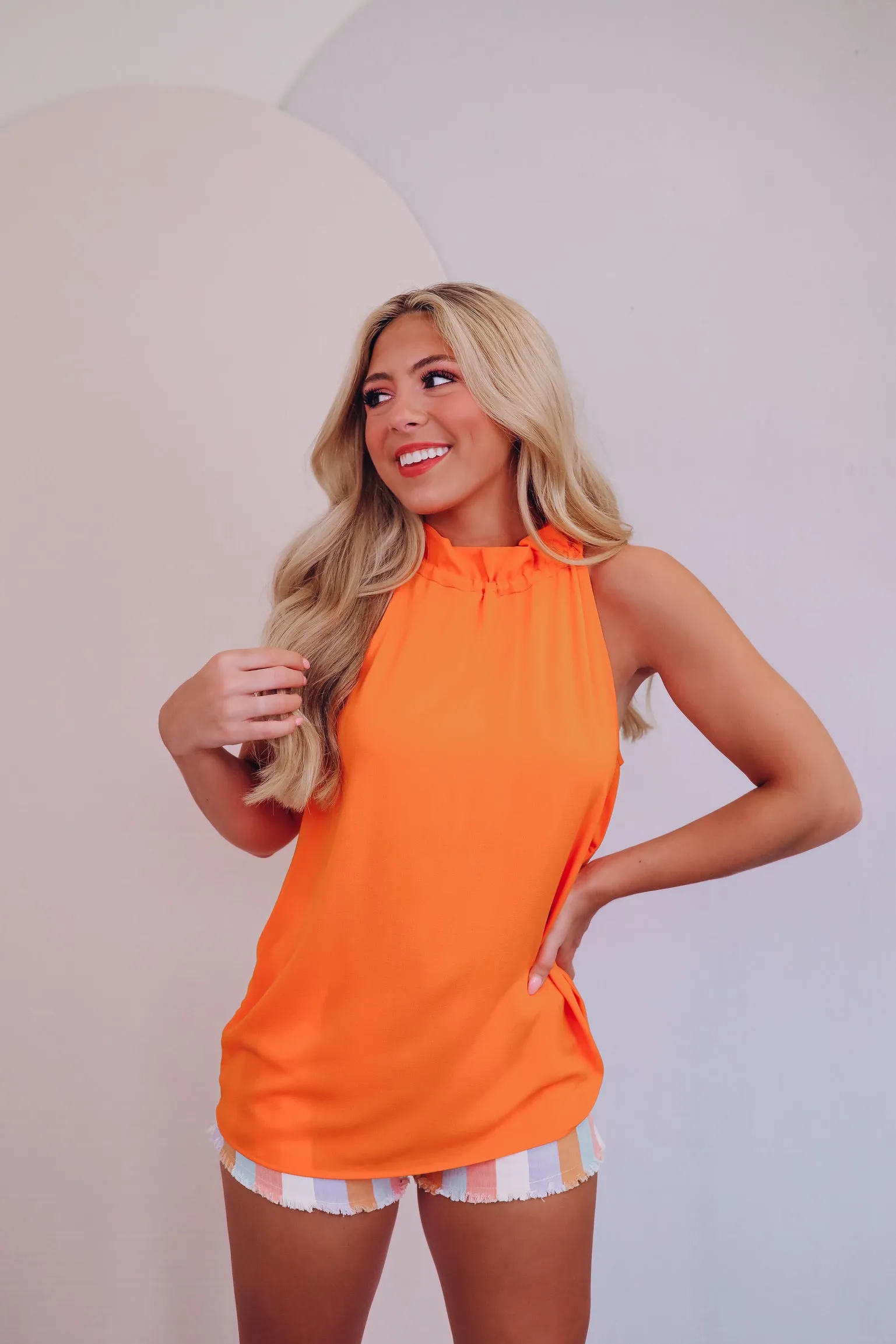 Rico Ruffle Neck Sleeveless Blouse - Orange