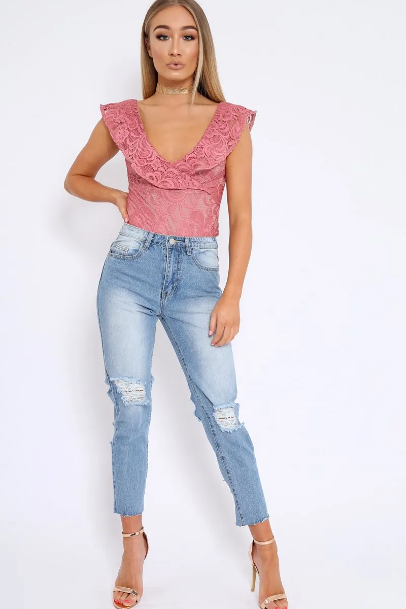 Rose Lace Plunge Frill Bodysuit - Maelani