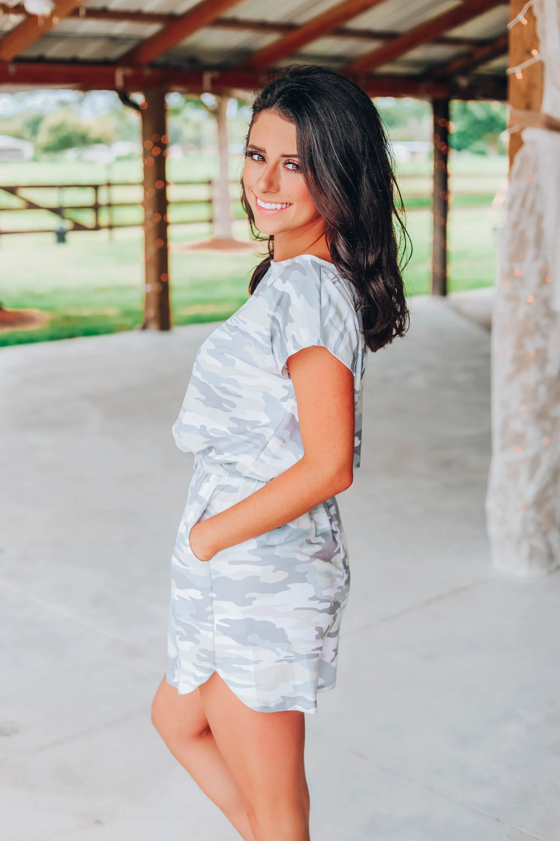 Run With It Camo Romper - Grey