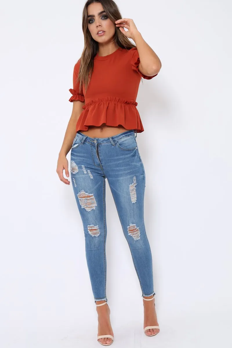 Rust Peplum Frill Detail Top - Carly