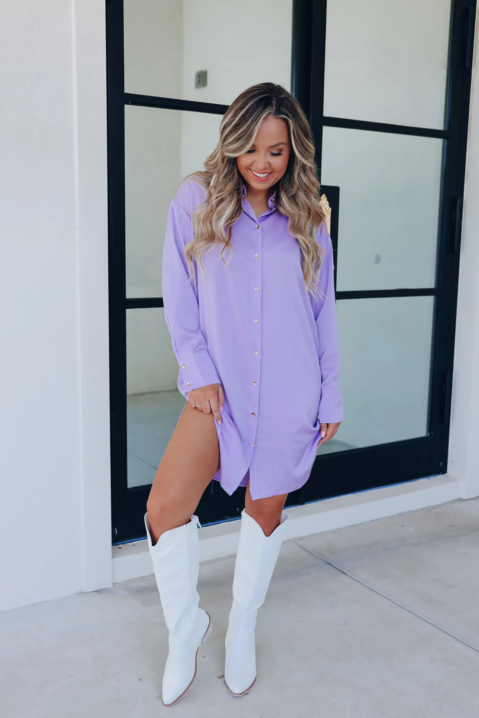 Saucy Satin Button Down Shirt Dress - Lavender