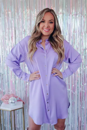 Saucy Satin Button Down Shirt Dress - Lavender