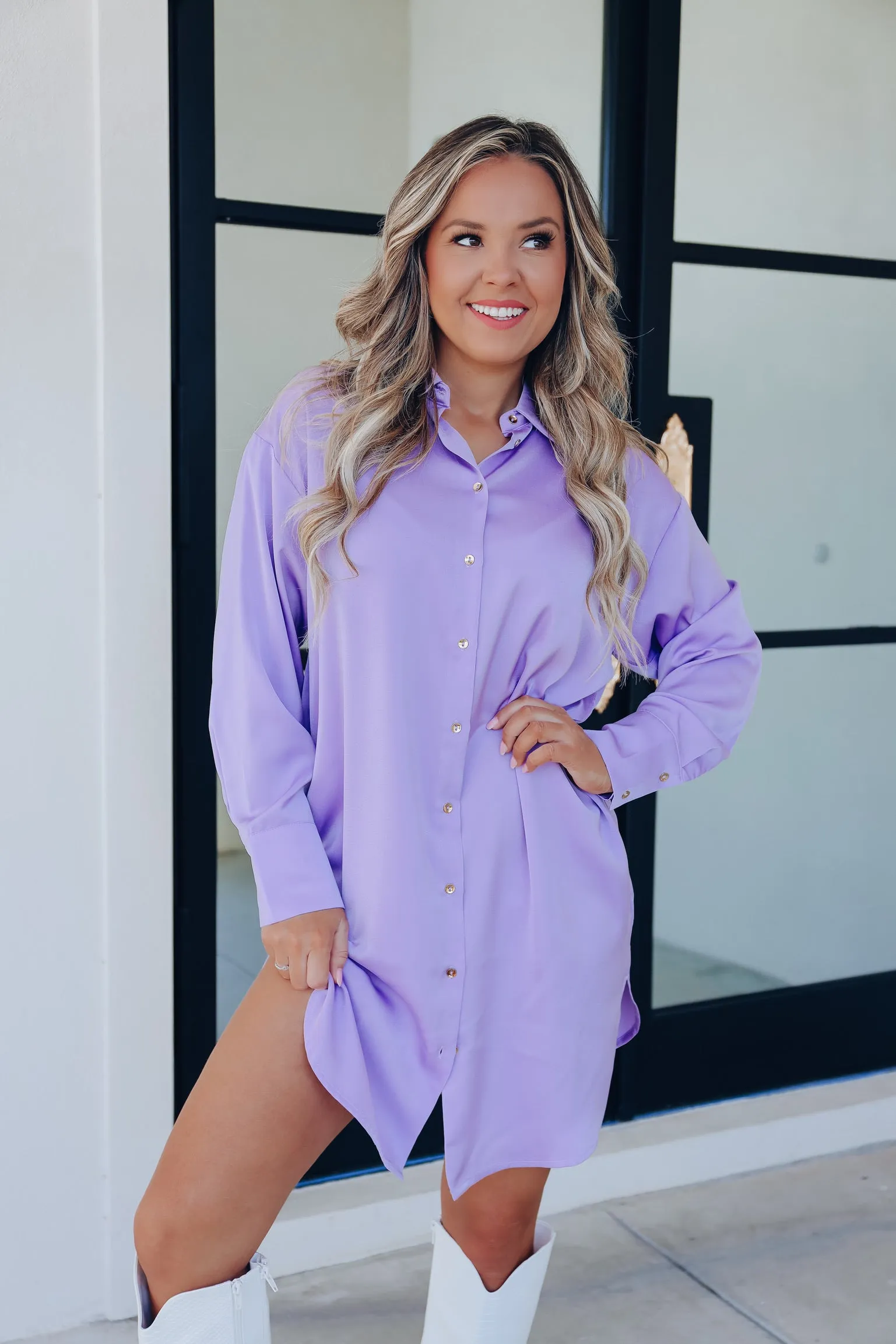 Saucy Satin Button Down Shirt Dress - Lavender