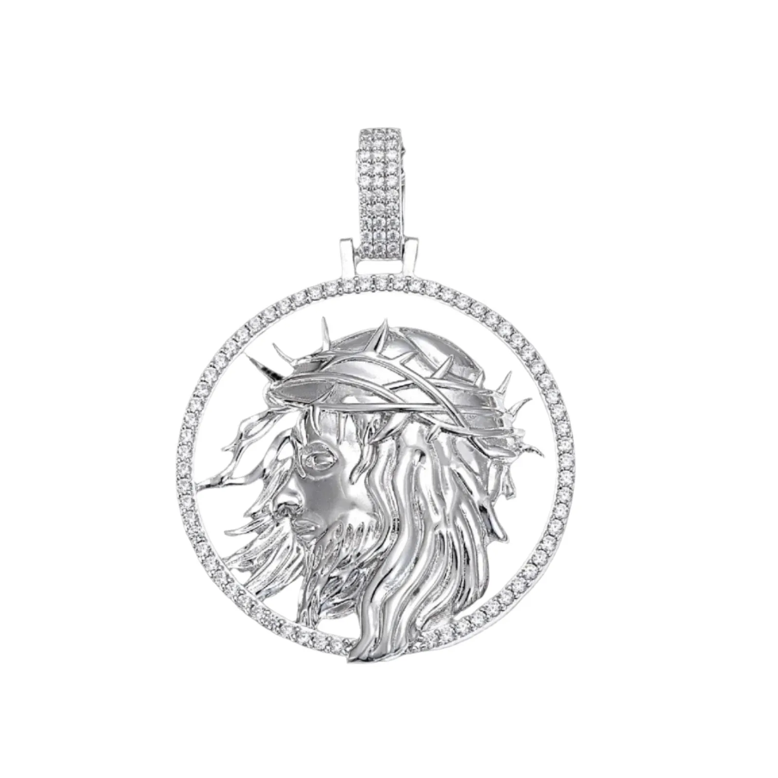 Silver Lab-created Moissanite 1.5" Round Jesus Face Pendant Charm - M400039