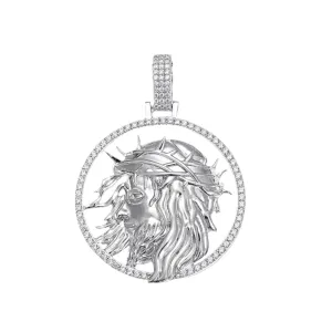Silver Lab-created Moissanite 1.5" Round Jesus Face Pendant Charm - M400039
