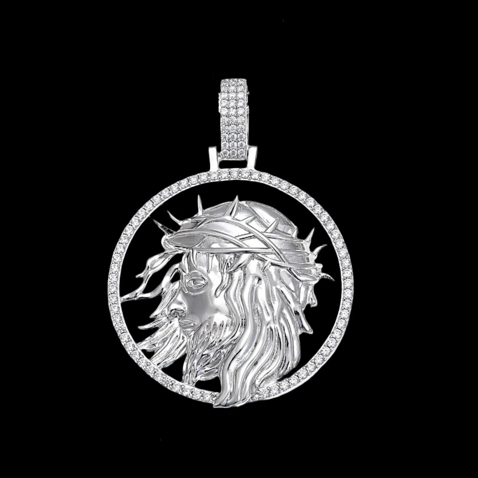 Silver Lab-created Moissanite 1.5" Round Jesus Face Pendant Charm - M400039