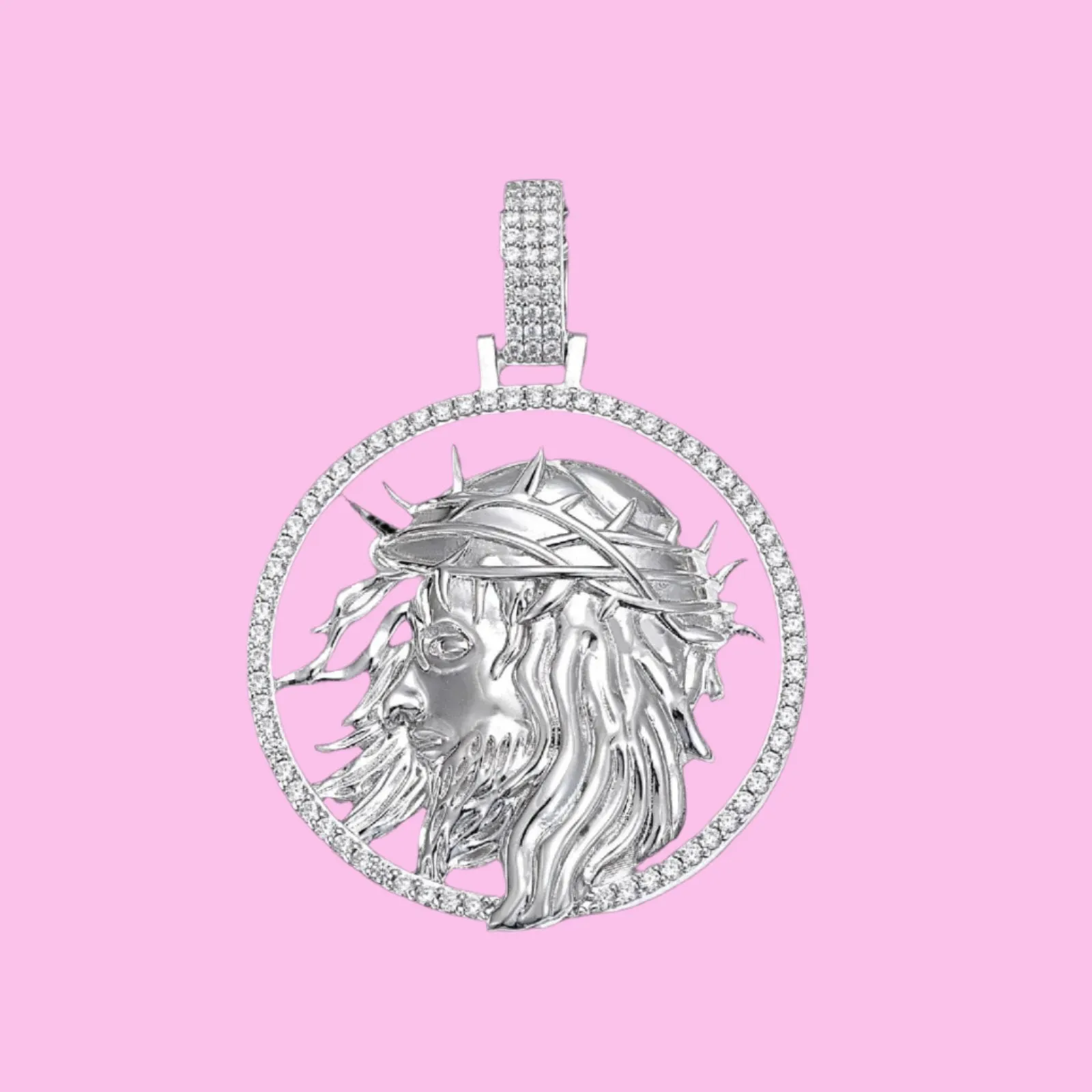 Silver Lab-created Moissanite 1.5" Round Jesus Face Pendant Charm - M400039