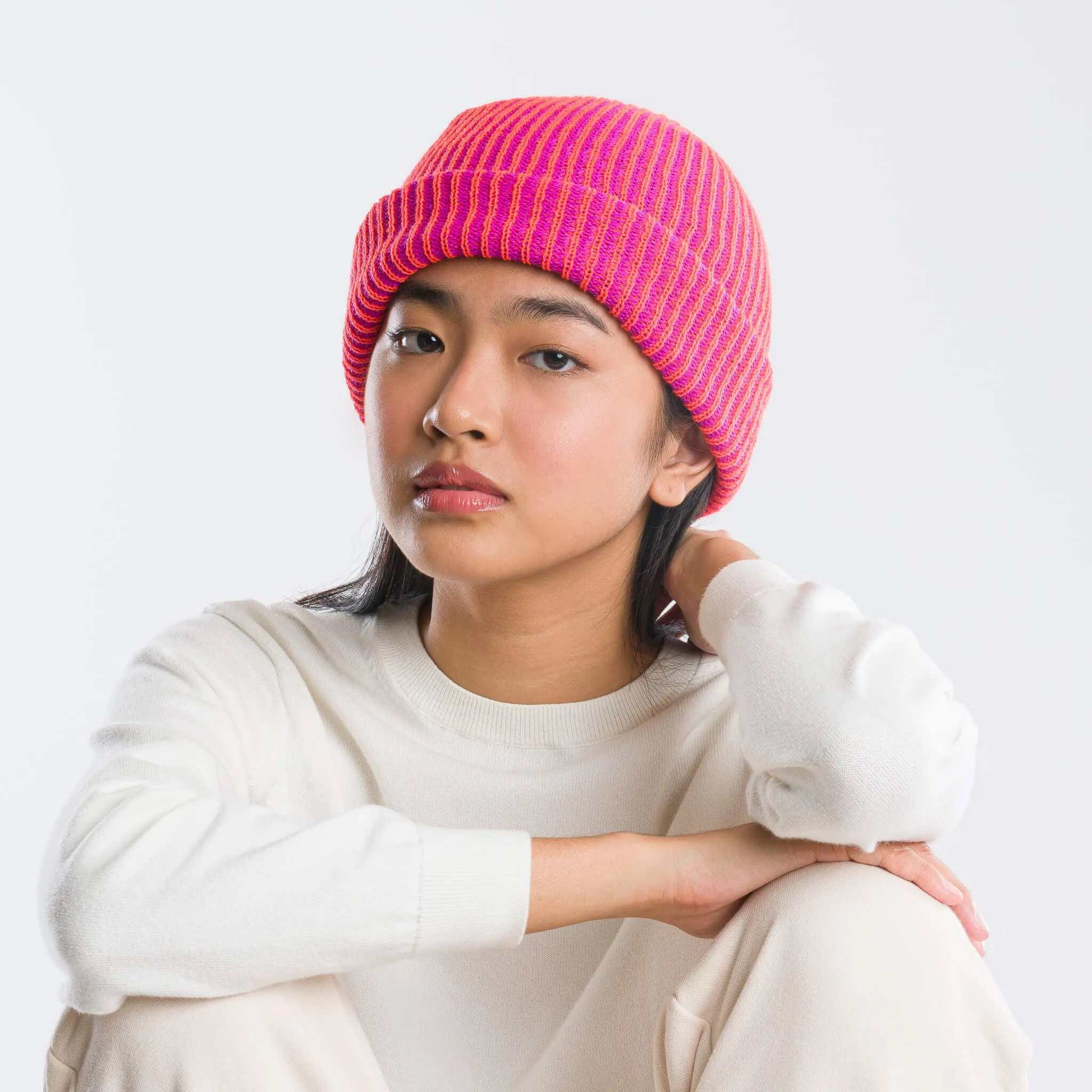 Simple Rib Knit Beanie: Poppy Magenta