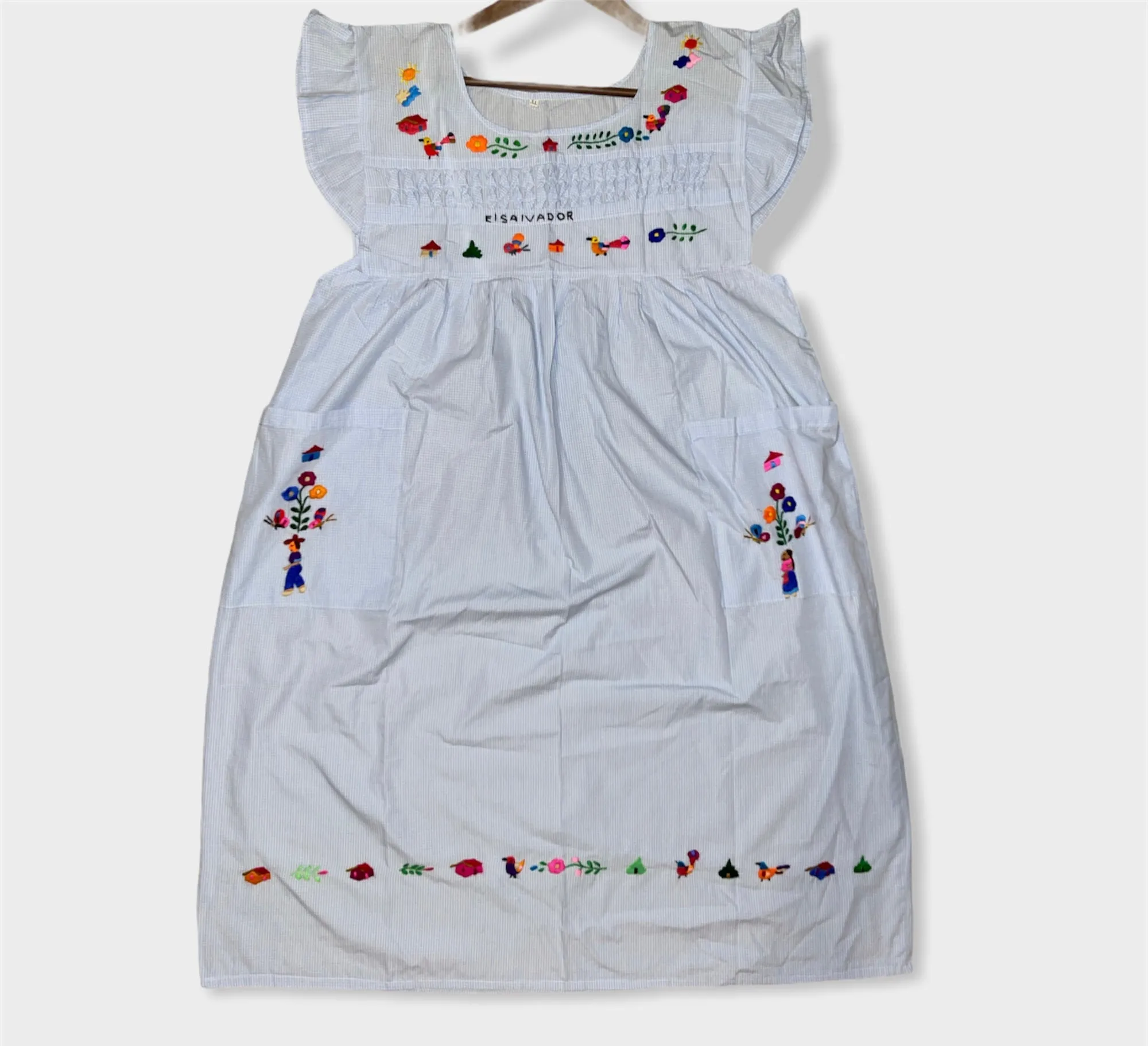 Size L/XL Traditional Embroidered Checkered Babyblue Dress from El Salvador-Vestido