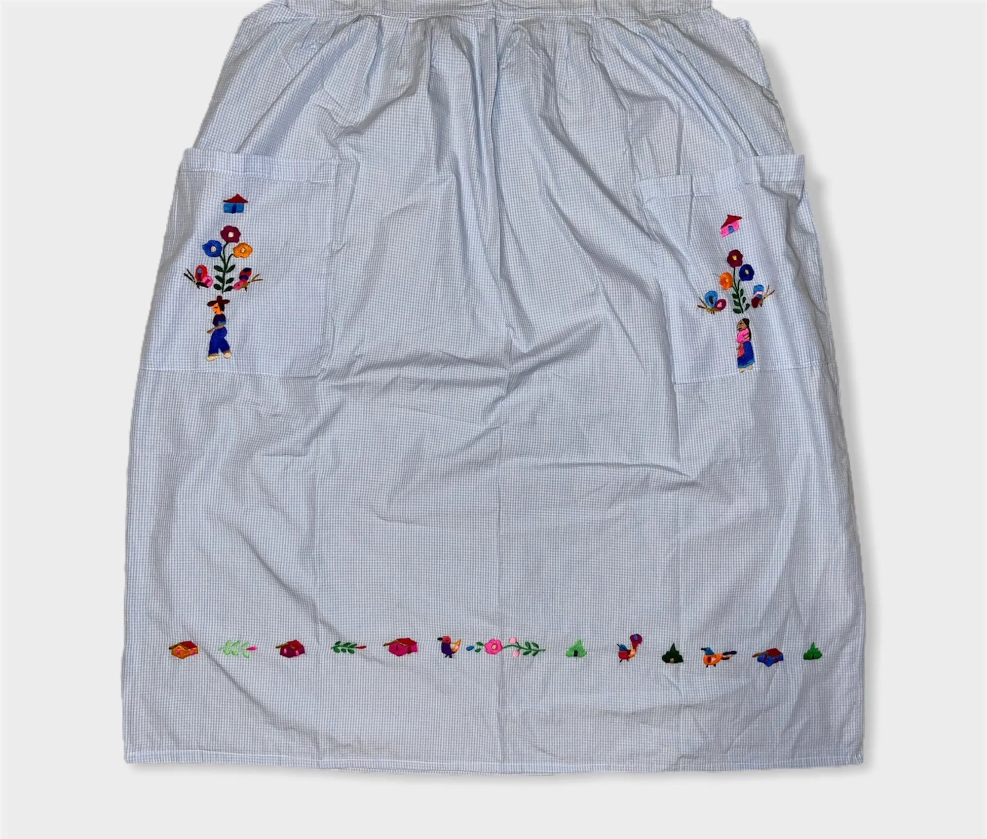 Size L/XL Traditional Embroidered Checkered Babyblue Dress from El Salvador-Vestido