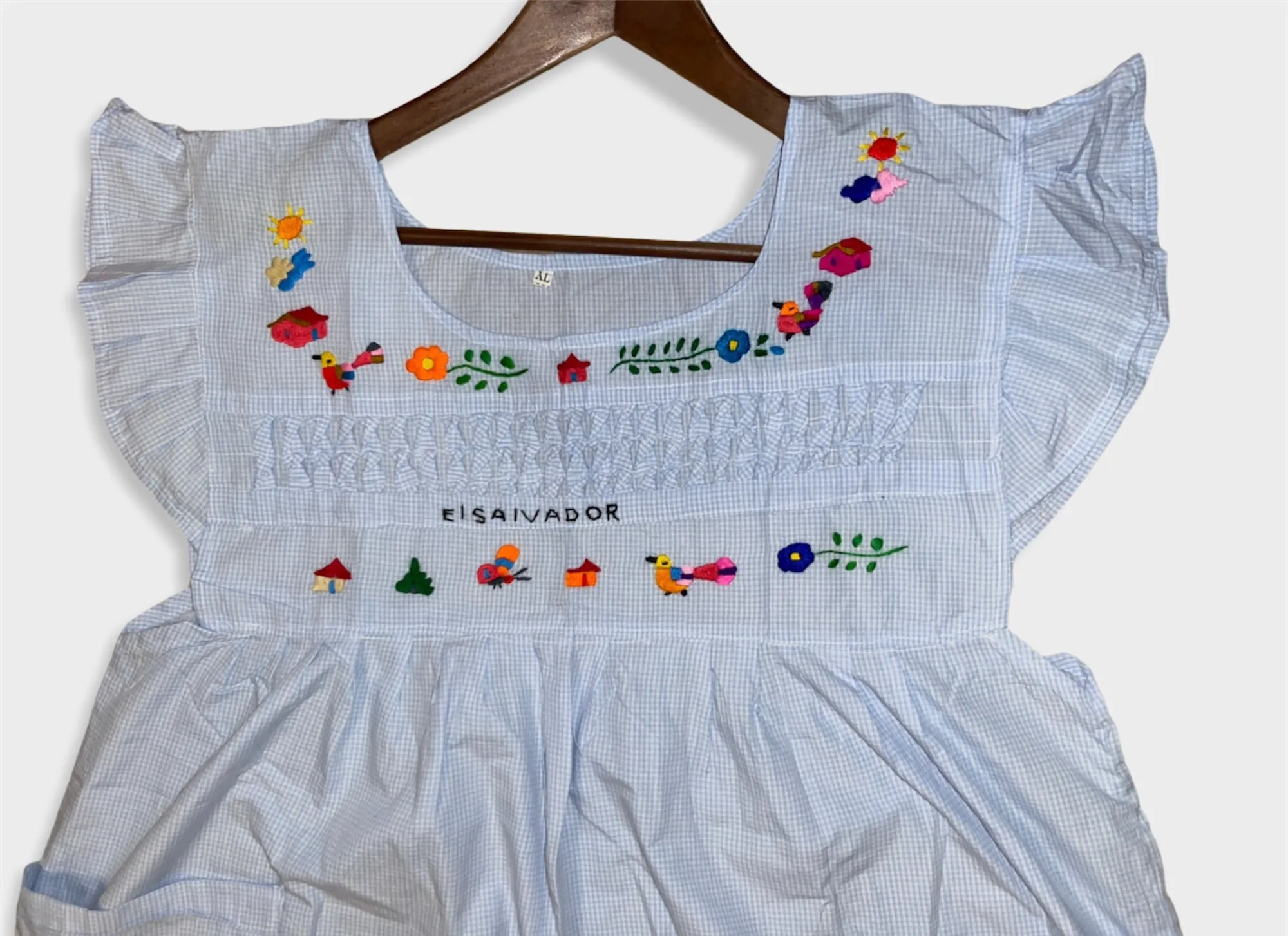 Size L/XL Traditional Embroidered Checkered Babyblue Dress from El Salvador-Vestido