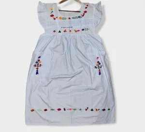 Size L/XL Traditional Embroidered Checkered Babyblue Dress from El Salvador-Vestido