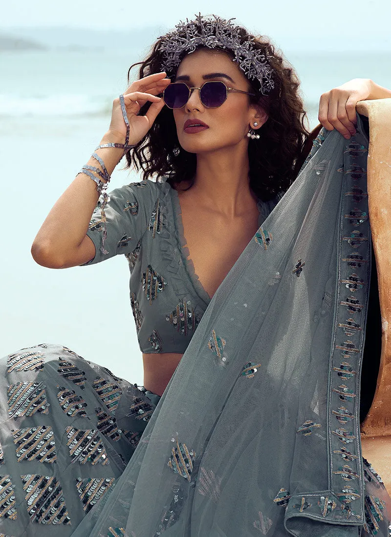 Slate Grey Sequence Embroidered Lehenga Choli