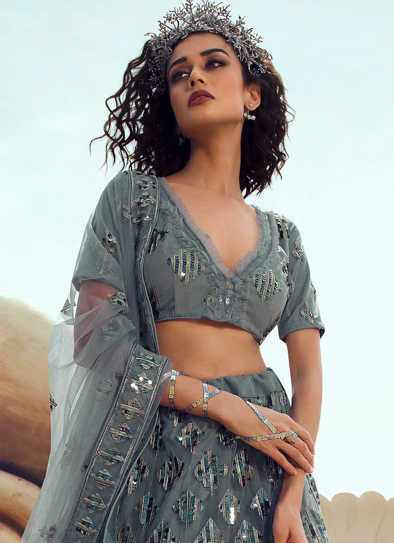 Slate Grey Sequence Embroidered Lehenga Choli