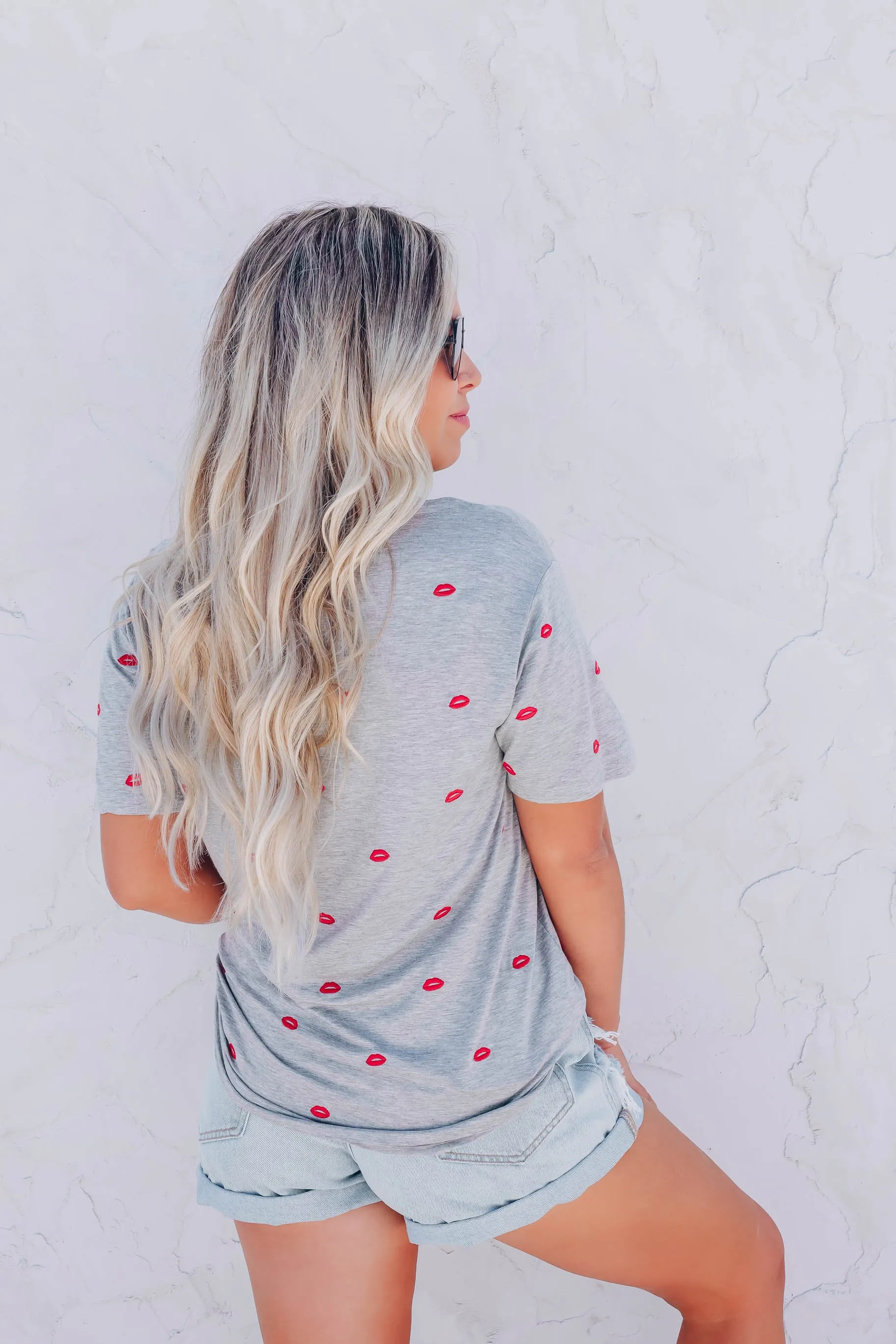 Smooches Embroidered Lip Tee - Grey