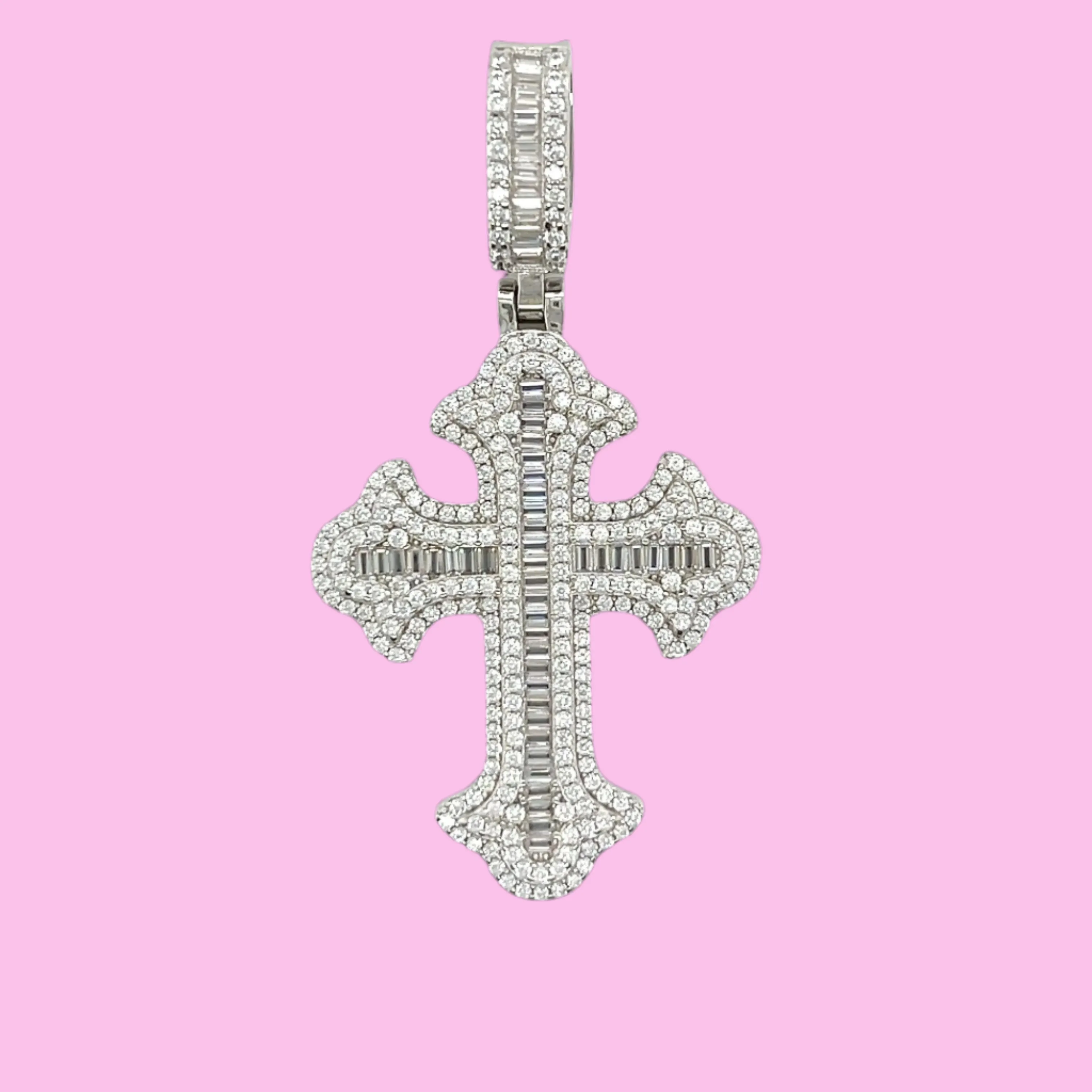 Sophisticate Round & Baguette Lab-Created Moissanite Cross 1.5" Pendant Charm - M400059