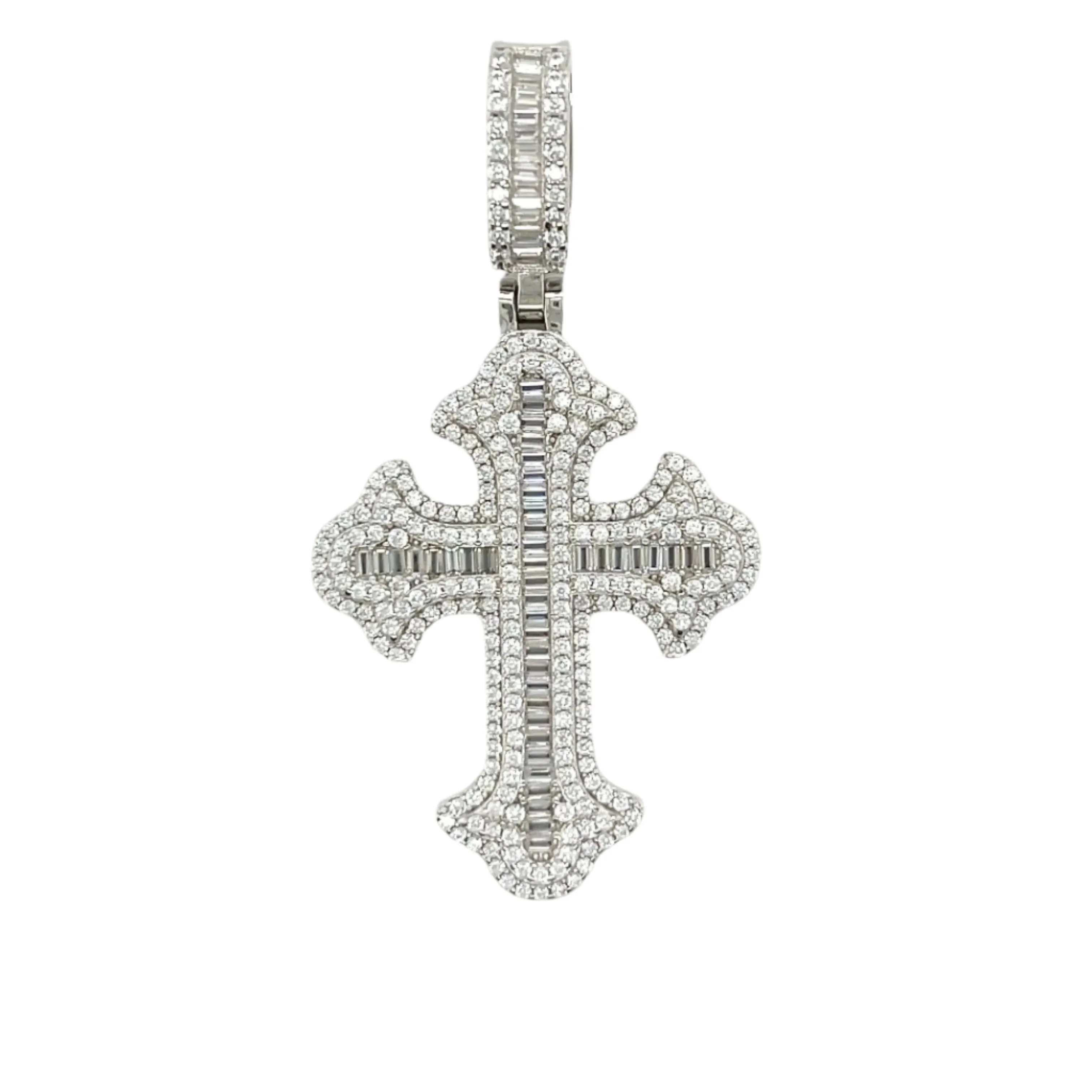 Sophisticate Round & Baguette Lab-Created Moissanite Cross 1.5" Pendant Charm - M400059