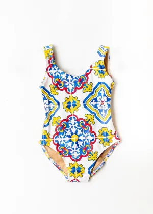 Spanish Tile Swimsuit Kid White