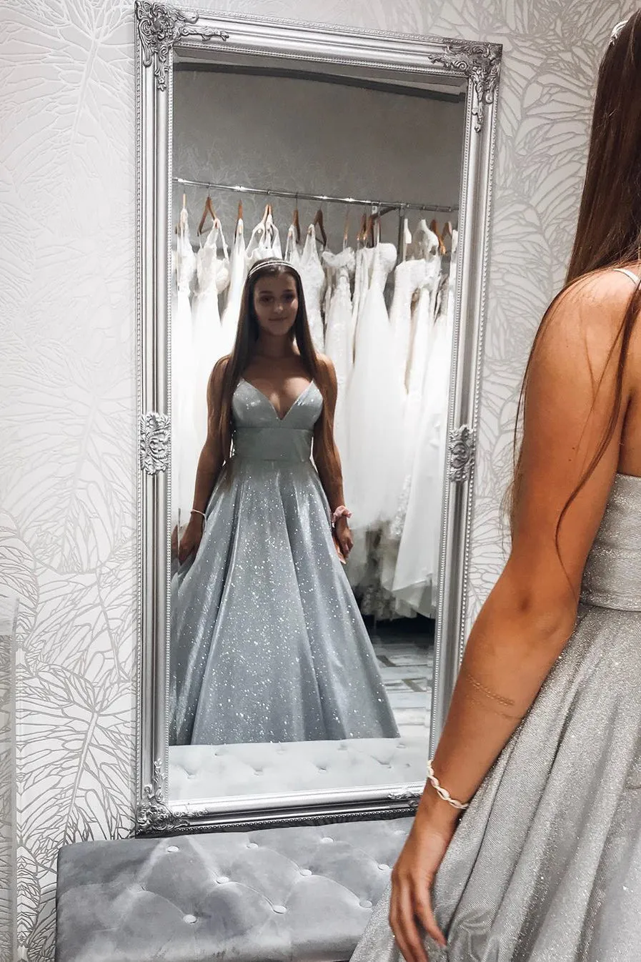 Sparkle A-Line V-neck Spaghetti Straps Silver Long Sleeveless Prom Dress with Pockets OHC445