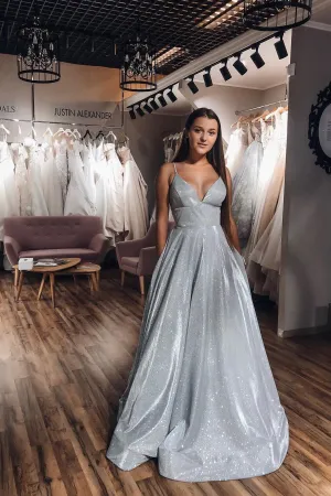 Sparkle A-Line V-neck Spaghetti Straps Silver Long Sleeveless Prom Dress with Pockets OHC445