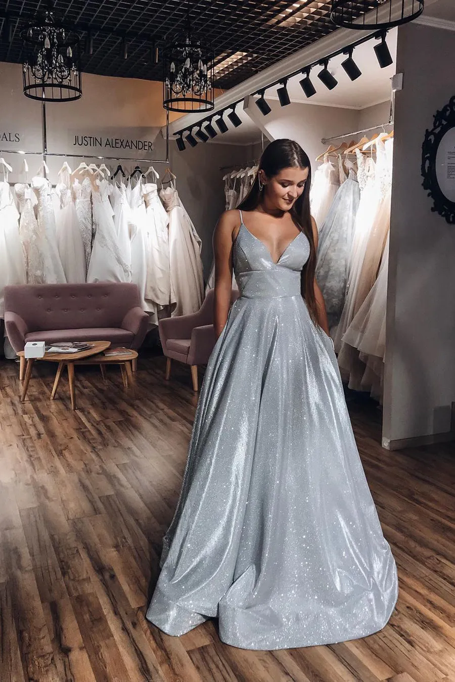 Sparkle A-Line V-neck Spaghetti Straps Silver Long Sleeveless Prom Dress with Pockets OHC445