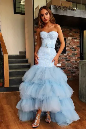 Sparkly Mermaid Sky Blue Tulle Sweetheart Neck Long Layered Evening Dress Prom Dress OHC424