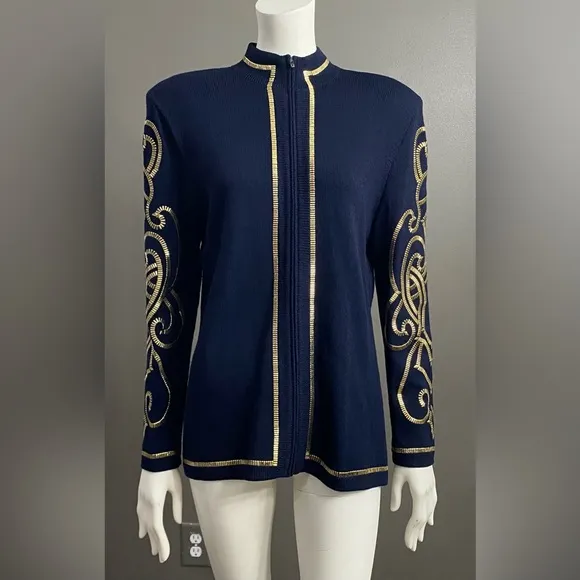 St. John by Marie Gray Deep Navy Blue Ribbed Knit Cardigan/Blazer/Jacket Size 10