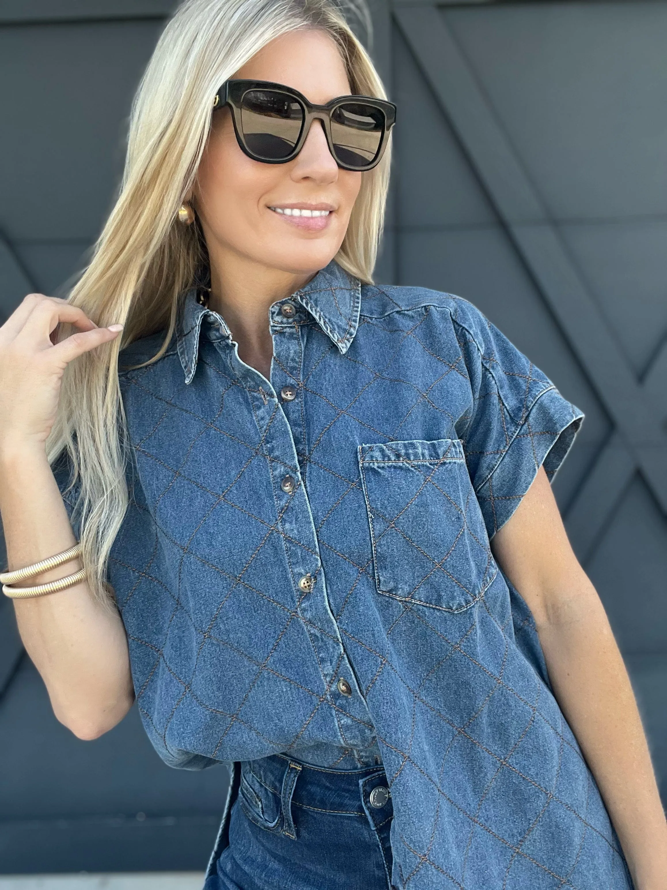 Stitched Denim Button Down Top
