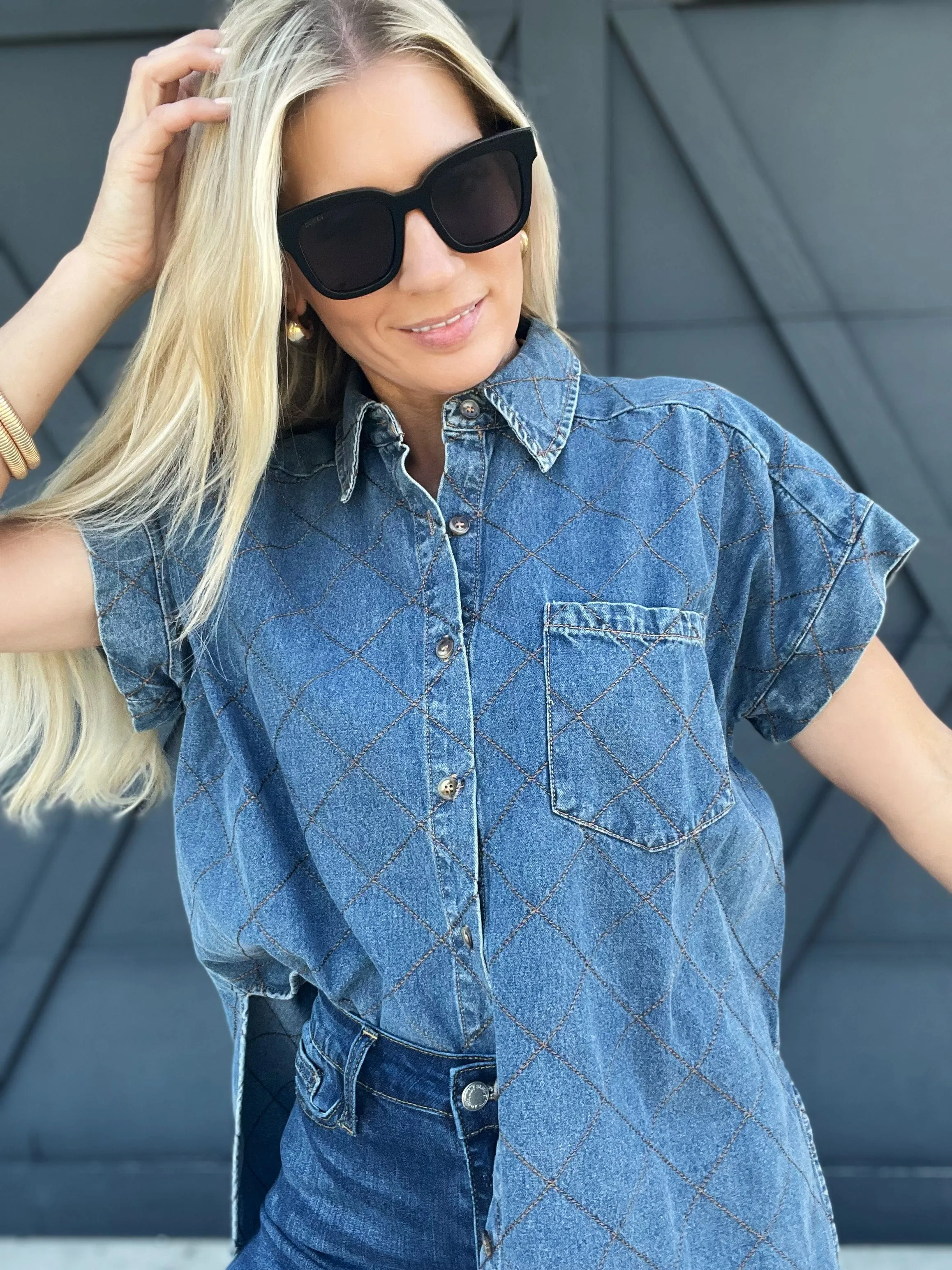 Stitched Denim Button Down Top