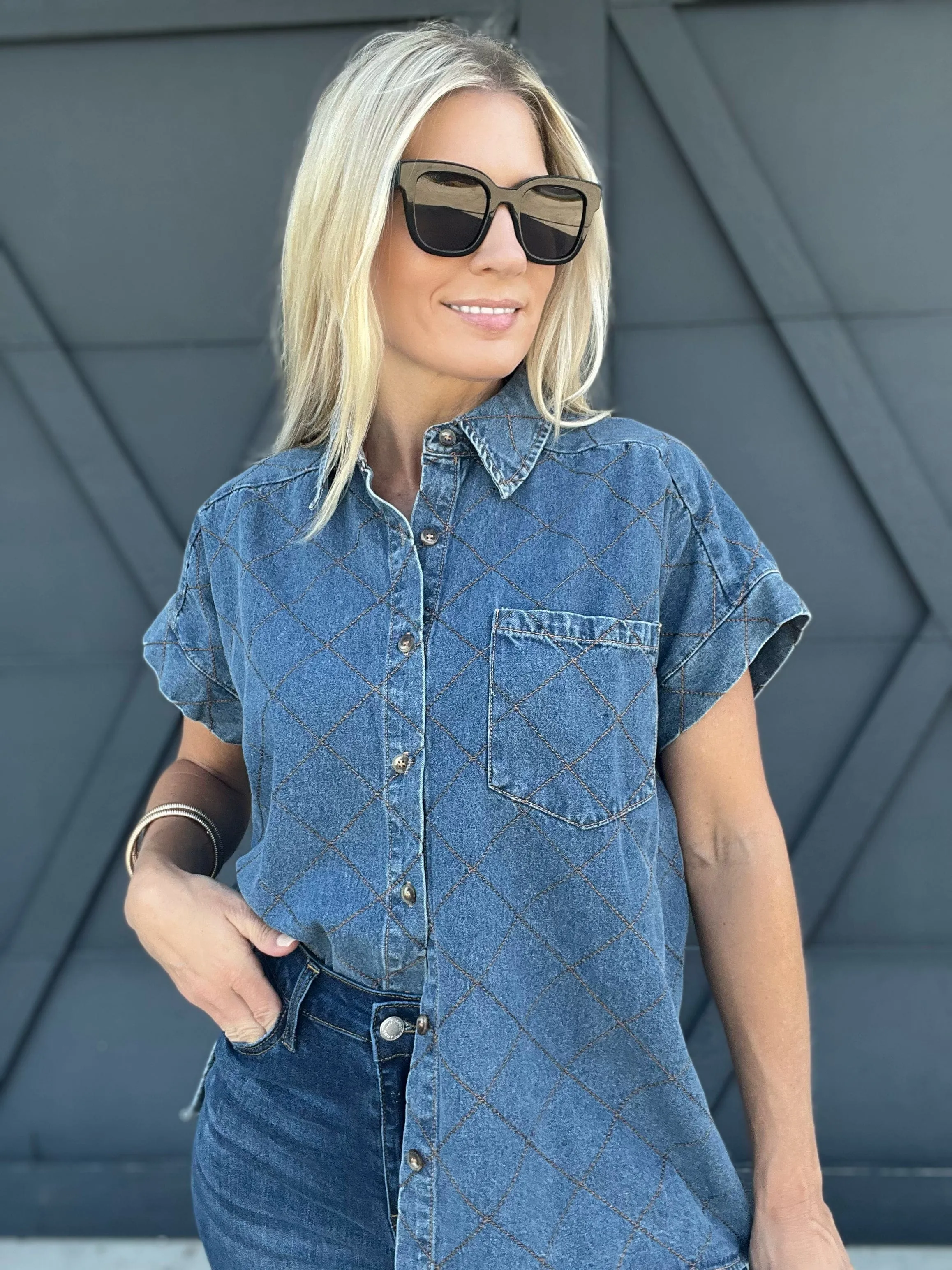Stitched Denim Button Down Top