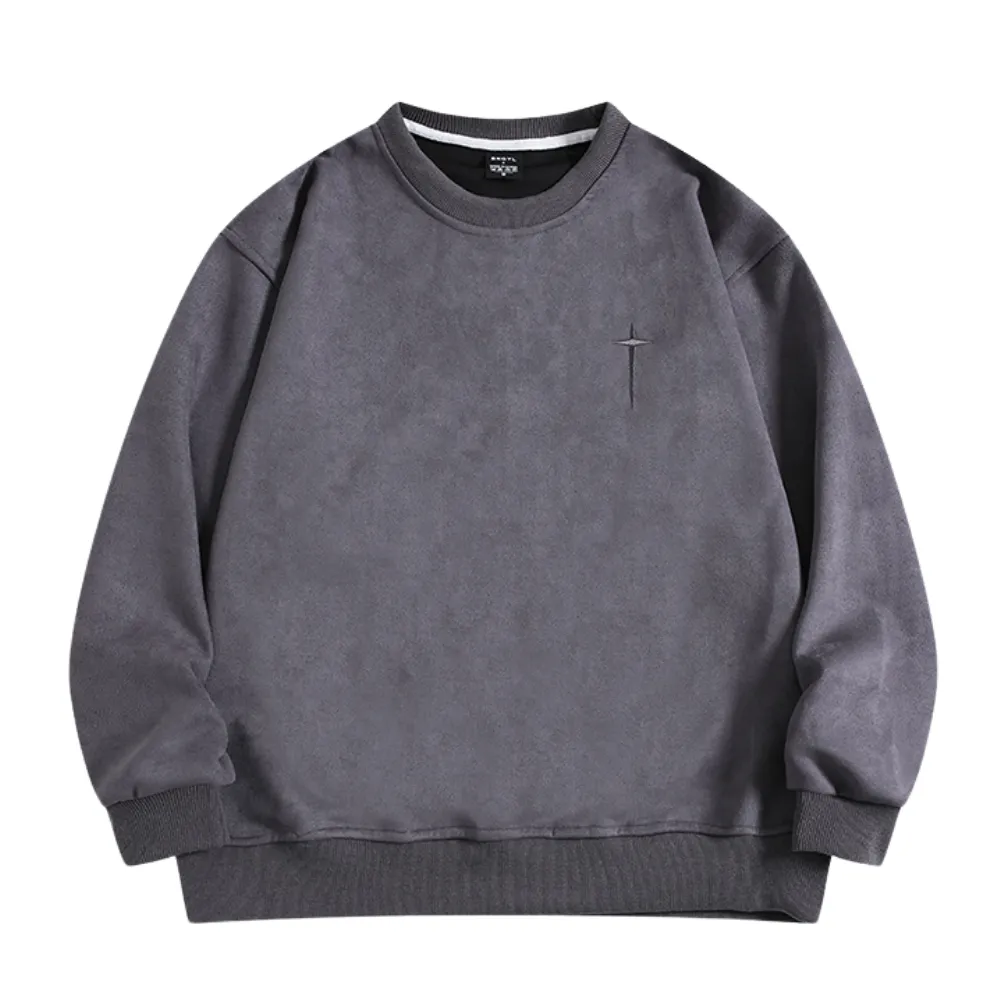 Street Cross Letter Embroidered Suede Sweatshirt