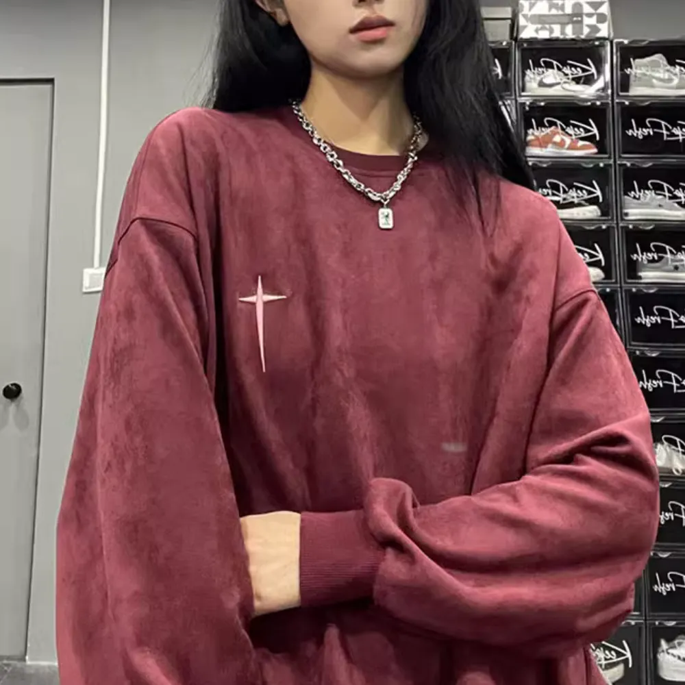 Street Cross Letter Embroidered Suede Sweatshirt