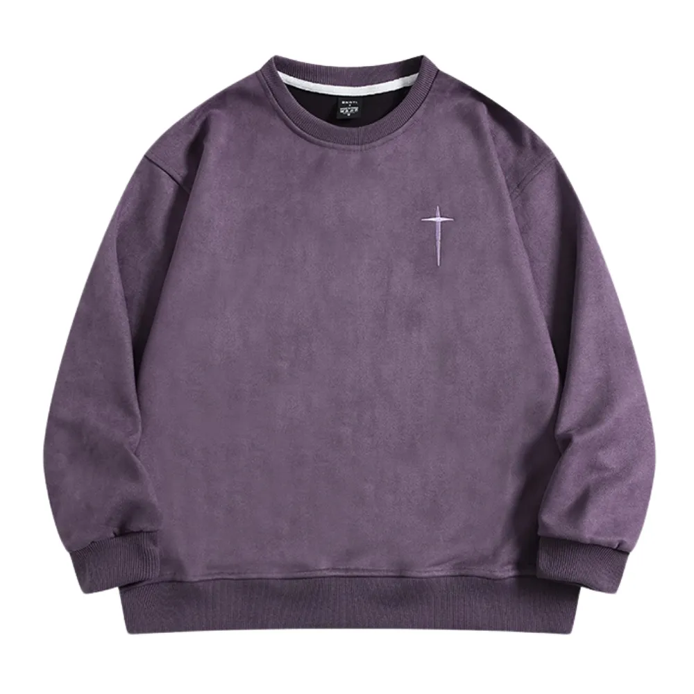 Street Cross Letter Embroidered Suede Sweatshirt