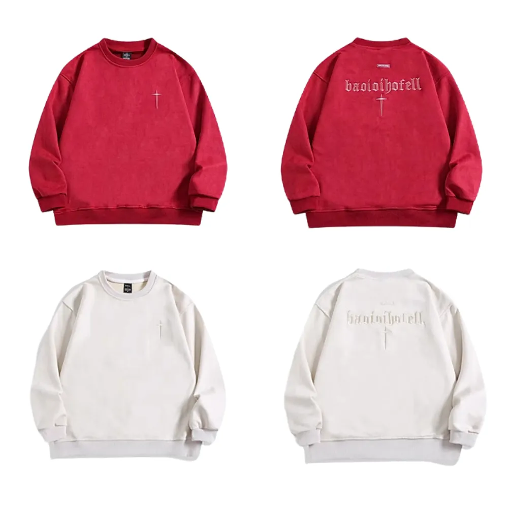 Street Cross Letter Embroidered Suede Sweatshirt