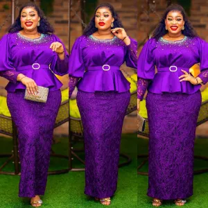 Stunning Dark Purple Lace Peplum Dress with Elegant Beaded Neckline