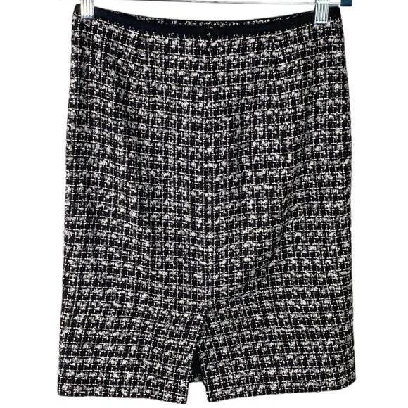 Talbots Womens Back Slit Zip Tweed Midi Pencil Skirt Black White Size 2P Career