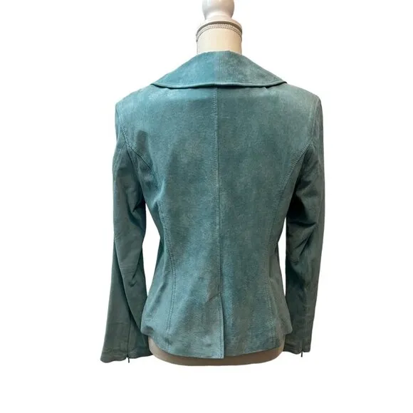 Terry Lewis Classic Luxuries Teal Suede Leather Blazer Jacket Size Small